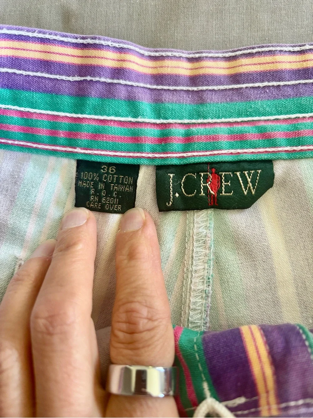 Vintage J Crew Sailing Shorts Purple Green Stripe Lace Up Canvas 36